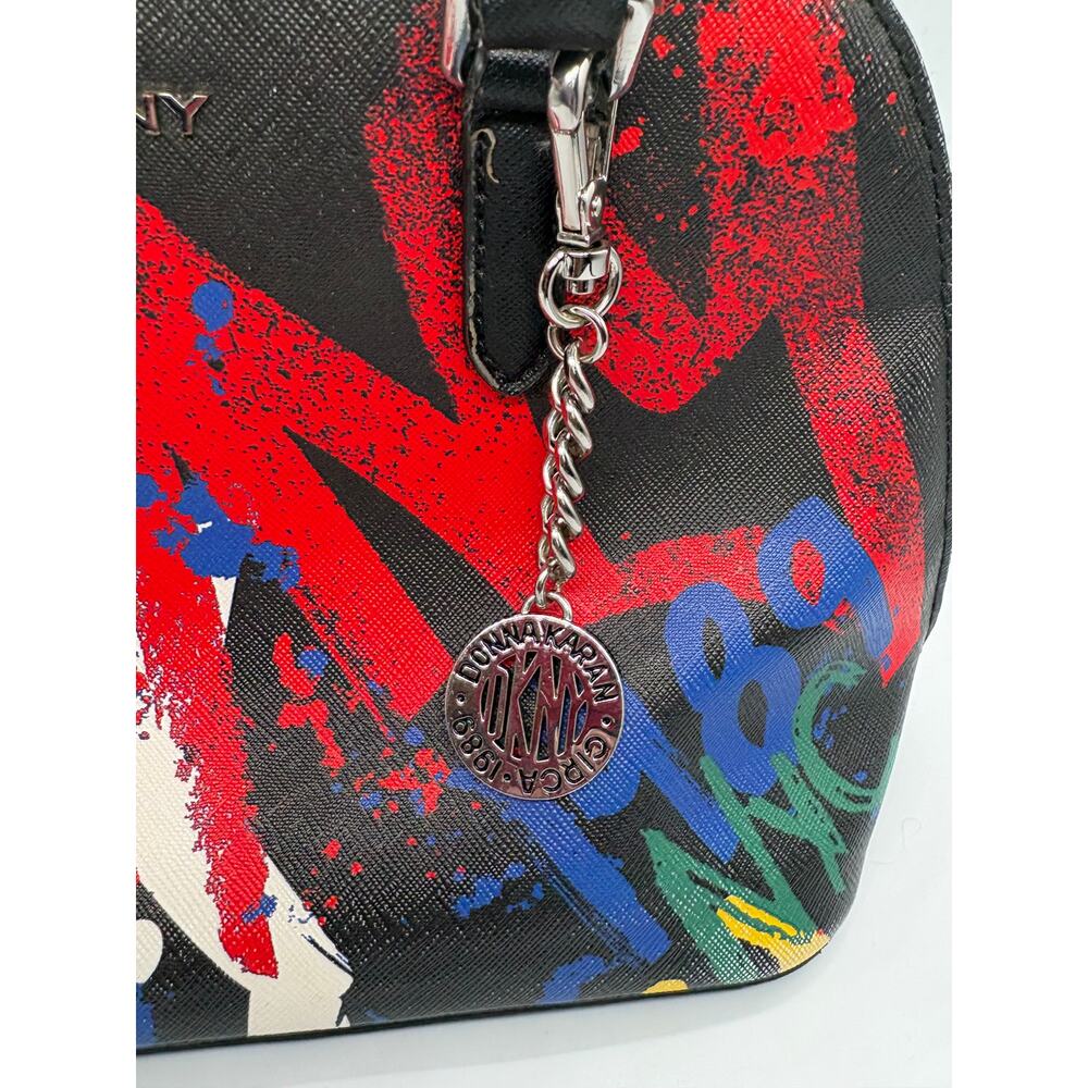 DKNY Graffiti Print Satchel Handbag Black Multicolor Dome Purse Zip - Picture 10 of 10